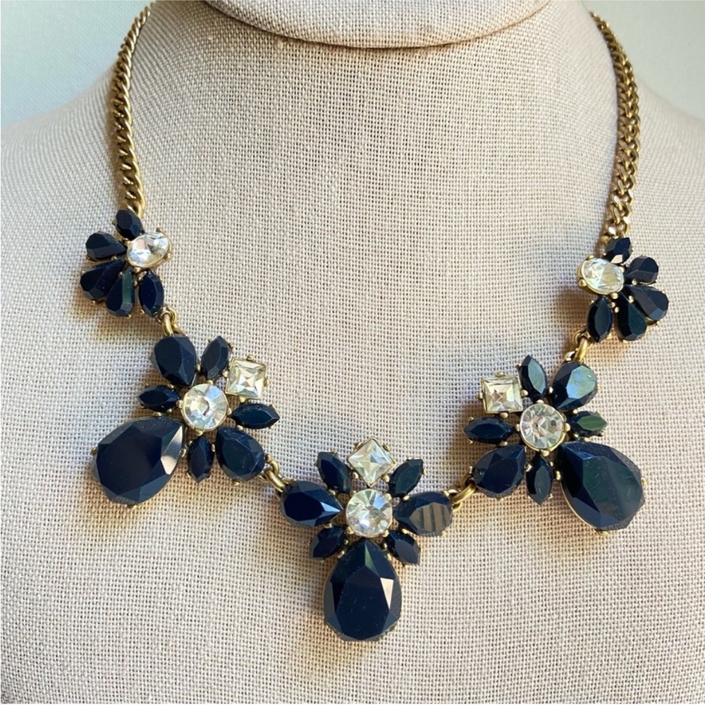 J. Crew statement necklace in dark navy floral clusters with clear rhinestones
